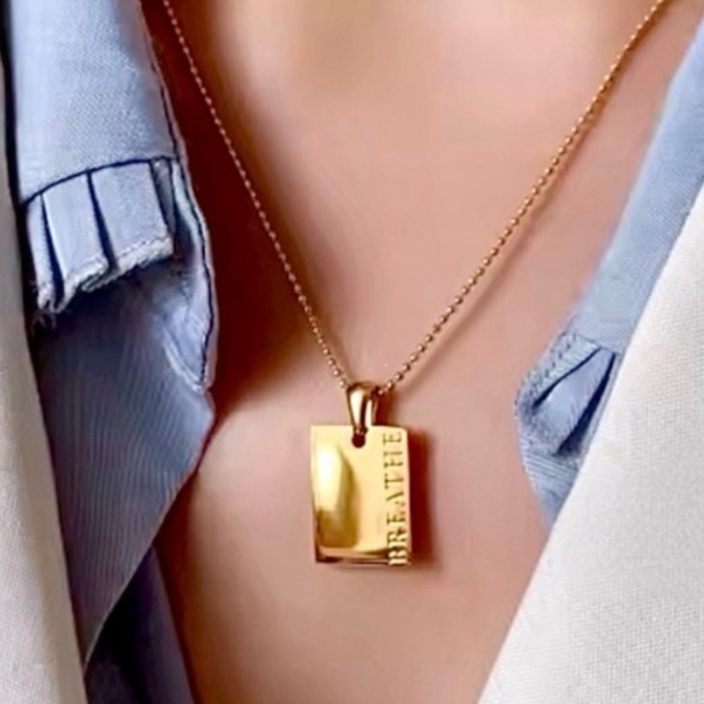 Clearance! NEW GOLD STEEL LASERCUT BREATHE SELF CARE BAR NECKLACE